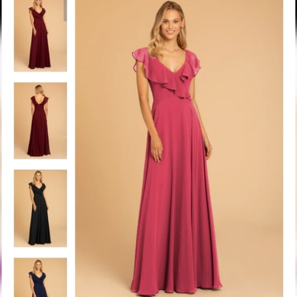 Hayley Paige Occasions Flamingo Pink Chiffon A-line Gown Ruffled V Neck, Size 22